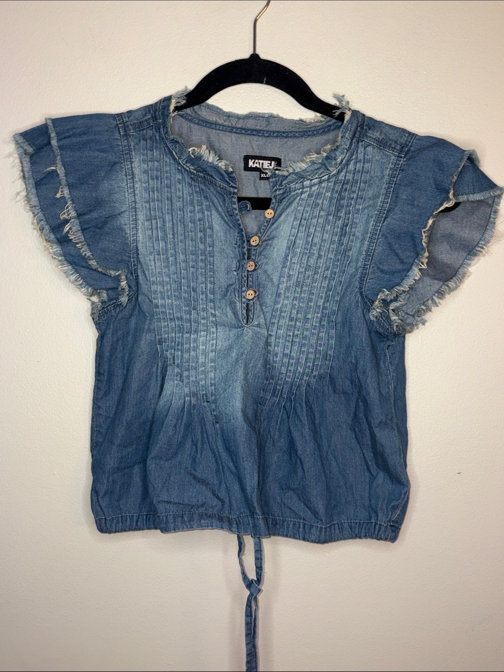 Katie J NYC Light Blue Denim Pintuck Button Front Blouse